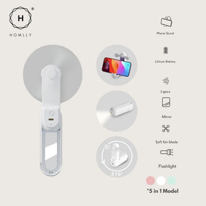 Homlly 5 in 1 Portable Handheld Pocket Fan with Power Bank, Flash Light, Mirror & Mobile Phone Holder