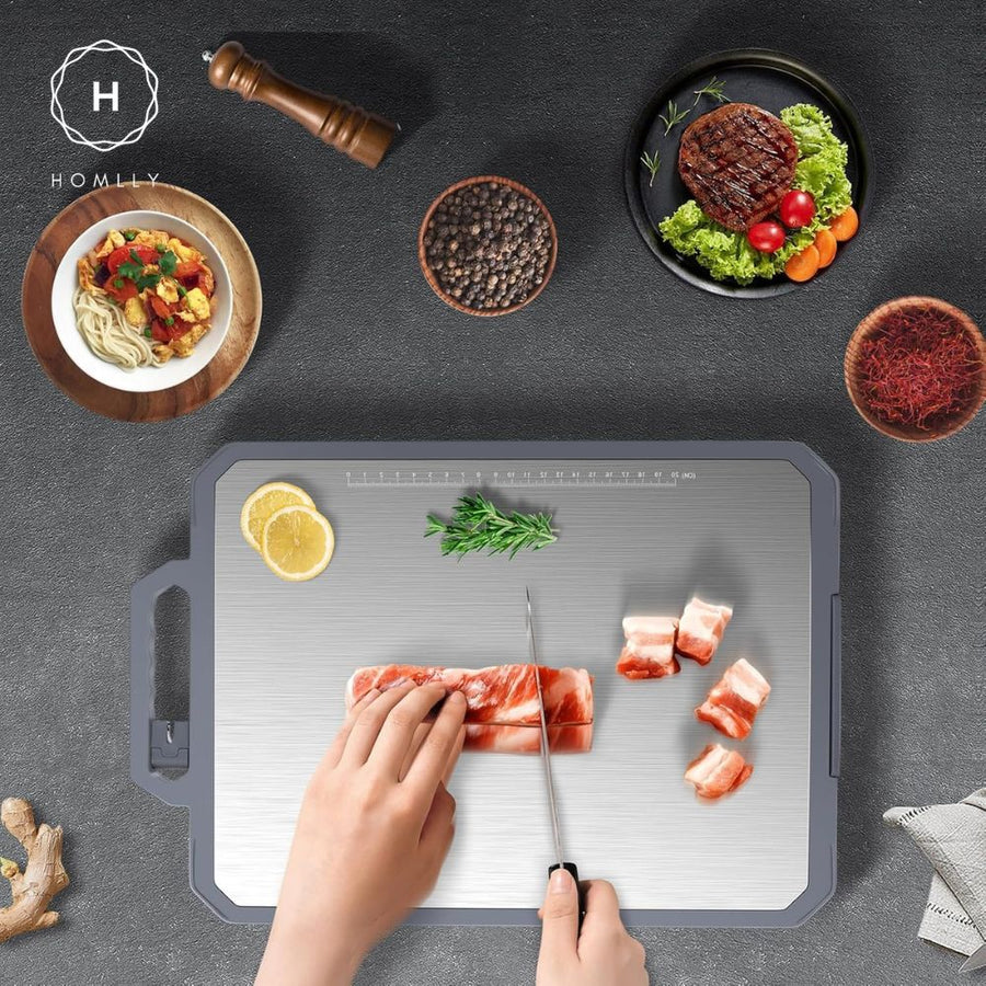 Homlly 100% BPA Free 2-in-1 Stainless Steel & PP Cutting Board with knife Sharpener, Spice Grating and Ruler.