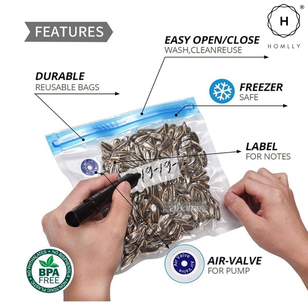 Homlly Reusable Sous Vide Food Vacuum Sealer Ziplock Bags with Portable Manual/Electric Vacuum Sealer Pump