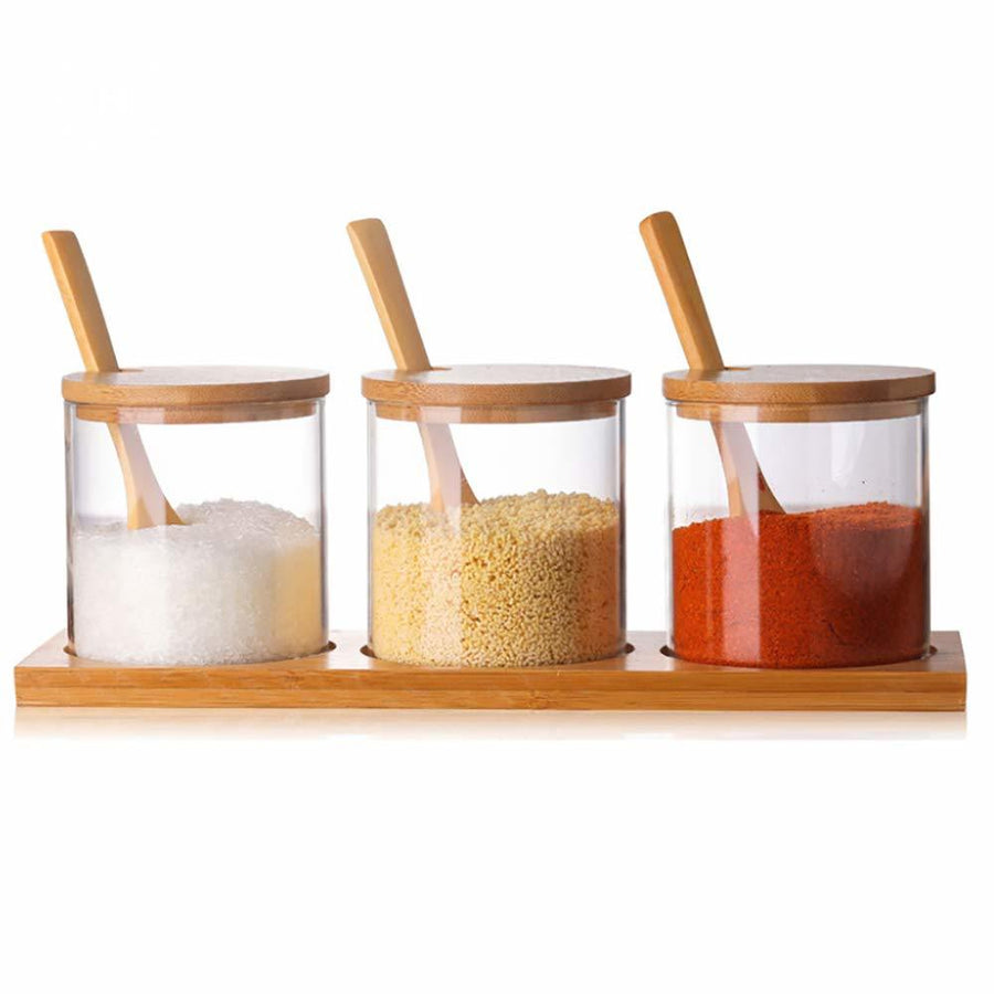 Homlly Glass Condiment Canisters Pots with Wooden Spoon Lid and Base
