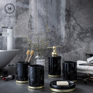 Homlly Marbi 5pcs Bathroom Accessory Set Refillable Soap Dispenser, Soap Dish, Toothbrush Holder Stand, Tumbler Rinsing Cup - Homlly