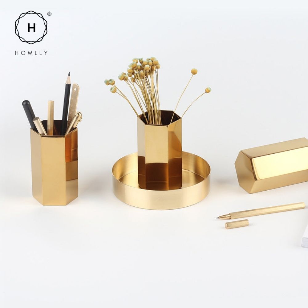 Homlly Keii Gold Stationary Set Dice Clip Ruler Pen Tape Scissor Holder