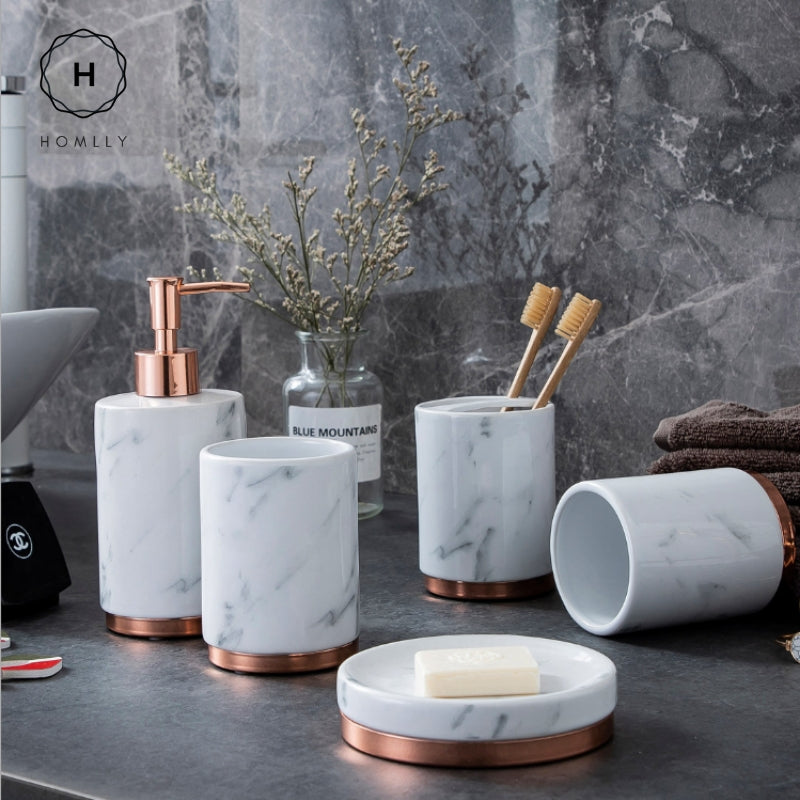 Homlly Marbi 5pcs Bathroom Accessory Set Refillable Soap Dispenser, Soap Dish, Toothbrush Holder Stand, Tumbler Rinsing Cup - Homlly