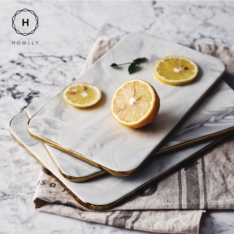 Homlly Gold Rim Marble Print Ceramic Serving Food Jewellery Display Plate Tray