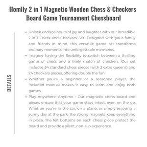 Homlly 2 in 1 Magnetic Wooden Chess & Checkers Board Game Tournament Chessboard