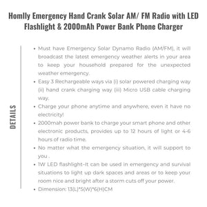 Homlly Emergency Hand Crank Solar AM/ FM Radio with LED Flashlight & 2000mAh Power Bank Phone Charger