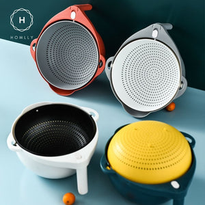 Homlly 2 in 1 Double layer Kitchen Draining Rotatable Vegetable Washing Strainer Colander Basket Bowl