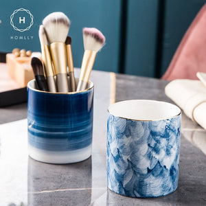 Homlly Nordic Blue Makeup Brush Pen Storage Ceramic Holder Organizer Mug