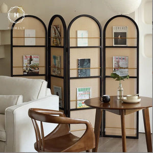 Homlly Modern Rattan Screen Room Divider with Magazines Holder (2/3/4 Panels)