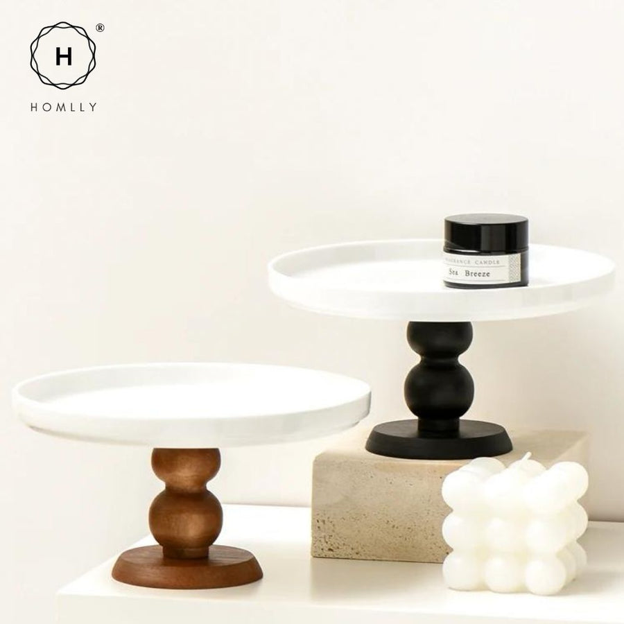 Homlly Fluer Porcelain Ceramic Cake Jewellery Display Round Stand with Wooden Base