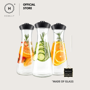 Homlly 1L Glass Water Carafe Clear Pitcher with Flip Top Lid (Round Base)