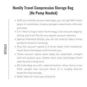 Homlly Travel Compression Storage Bag (No Pump Needed)