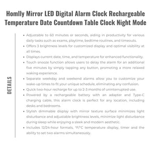 Homlly Mirror LED Digital Alarm Clock Rechargeable Temperature Date Countdown Table Clock Night Mode