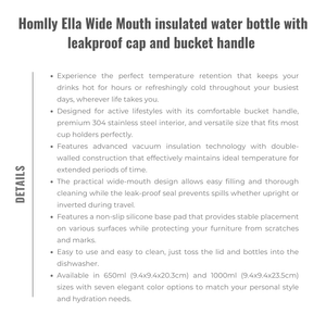 Homlly Ella Wide Mouth insulated water bottle with leakproof cap and bucket handle
