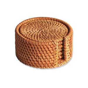 Homlly 100% Natural eco-friendly Hand Made Rattan Coaster Set (6pcs) with Coaster Box