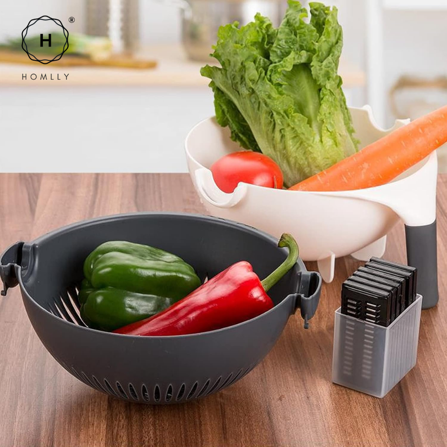 Homlly 9 in 1 Multifunctional Kitchen Vegetable Cutter Helper with Rotatable Draining Colander Bowl
