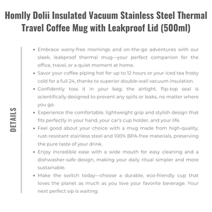 Homlly Dolii Insulated Vacuum Stainless Steel Thermal Travel Coffee Mug with Leakproof Lid (500ml)