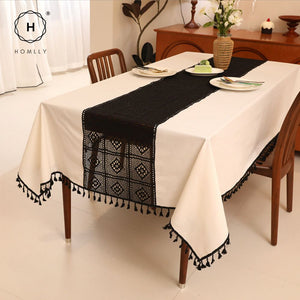 Homlly Crochet Lace Cotton Linen Dining Table Cloth with Tassels