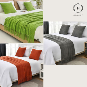 Homlly Ribbed Decorative Pillow Cushion Covers with Bed Runner Throw