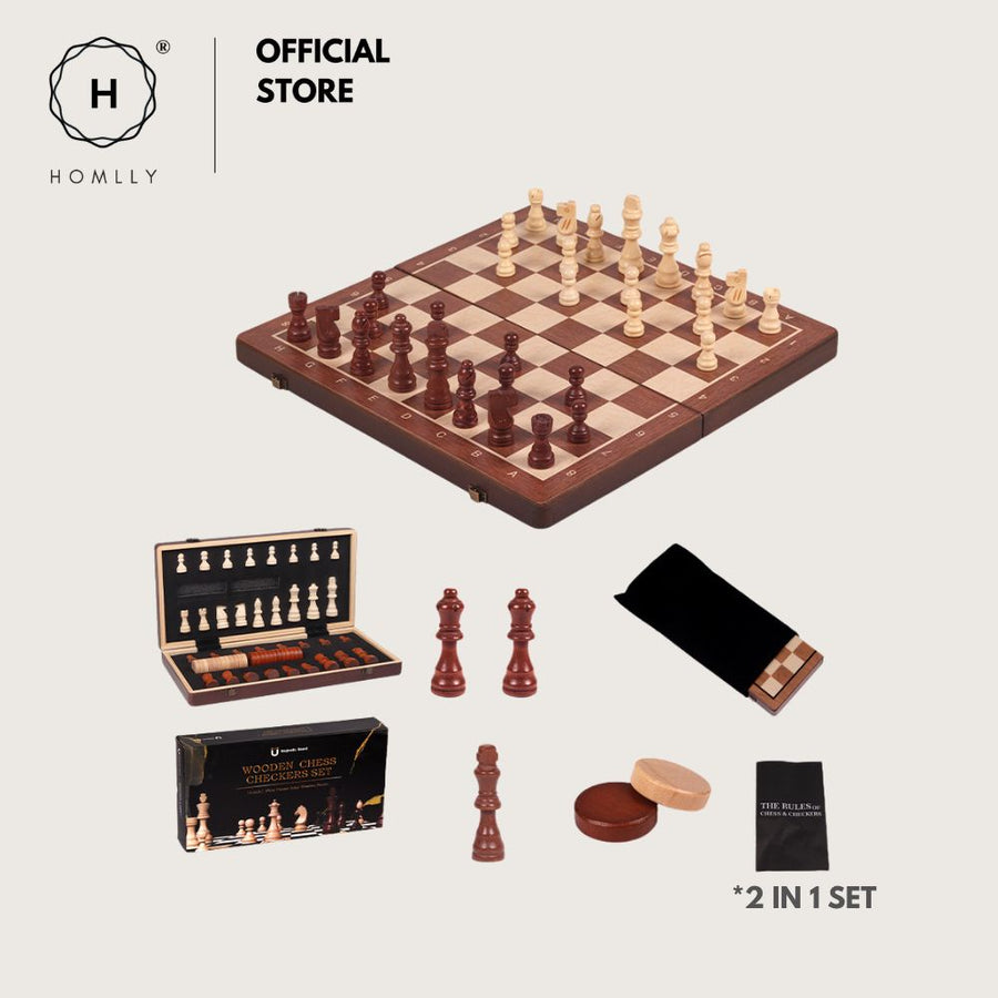 Homlly 2 in 1 Magnetic Wooden Chess & Checkers Board Game Tournament Chessboard