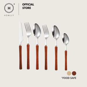 Homlly Akasu Stainless Steel Acacia Wood Handle Fork Spoon Cultery Set