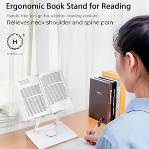 Homlly Hands Free Adjustable Foldable Book Holder with 360 Degree Rotating Base & Page Clips for Book, Sheet Music, Laptop & Recipe