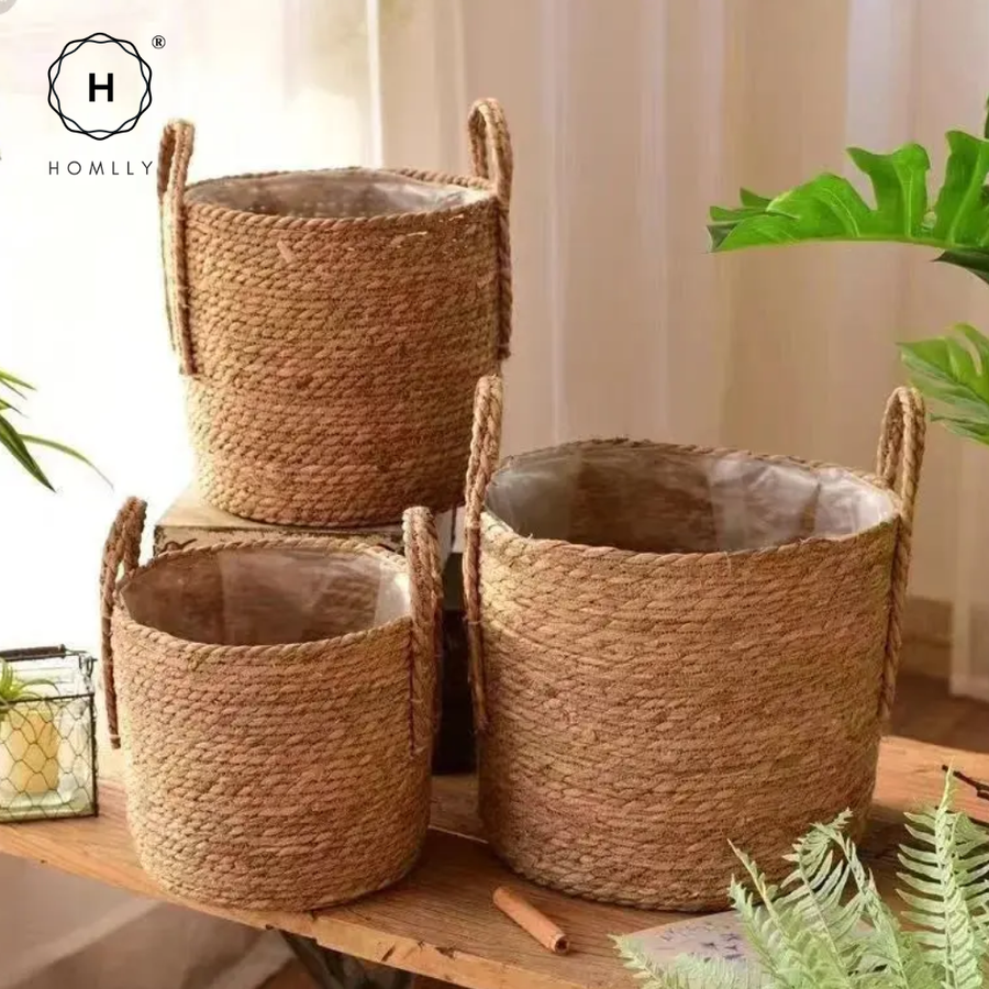 Homlly Handwoven Straw Rope Storage Basket with Jute Handles