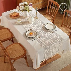 Homlly Crochet Lace Cotton Linen Dining Table Cloth with Tassels