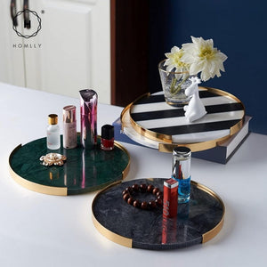 Homlly Round Rectangular Marble tray with Gold Brass Edge