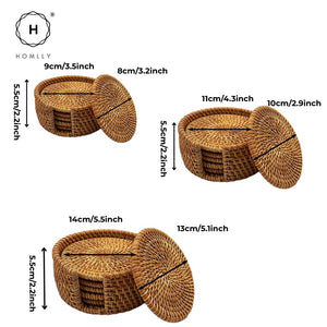 Homlly 100% Natural eco-friendly Hand Made Rattan Coaster Set (6pcs) with Coaster Box