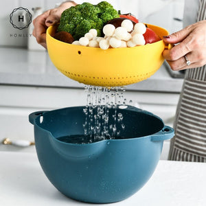 Homlly 2 in 1 Double layer Kitchen Draining Rotatable Vegetable Washing Strainer Colander Basket Bowl