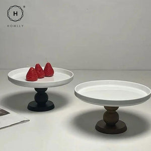 Homlly Fluer Porcelain Ceramic Cake Jewellery Display Round Stand with Wooden Base