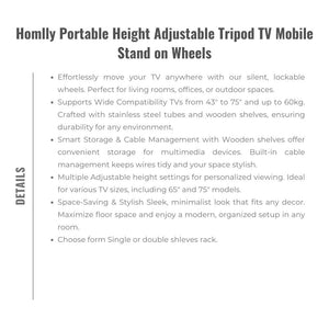 Homlly Portable Height Adjustable Tripod TV Mobile Stand on Wheels