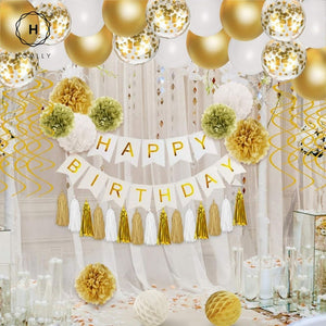 Homlly Happy Birthday Halloween New Year Party Decorations Set with Banner, Paper Flowers, Confetti Metallic Latex Balloons, Hanging Swirls