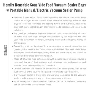 Homlly Reusable Sous Vide Food Vacuum Sealer Ziplock Bags with Portable Manual/Electric Vacuum Sealer Pump