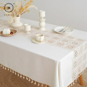 Homlly Crochet Lace Cotton Linen Dining Table Cloth with Tassels