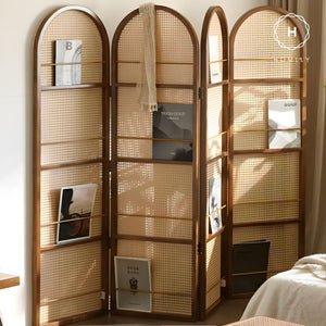 Homlly Modern Rattan Screen Room Divider with Magazines Holder (2/3/4 Panels)