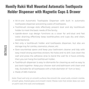 Homlly Rukii Wall Mounted Automatic Toothpaste Holder Dispenser with Magnetic Cups & Drawer