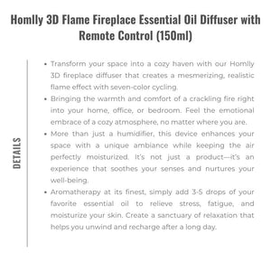 Homlly 3D Flame Fireplace Essential Oil Diffuser with Remote Control (150ml)