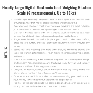 Homlly Digital Electronic Food Weighing Kitchen Scale (6 measurements, Up to 10kg)