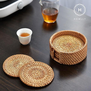 Homlly 100% Natural eco-friendly Hand Made Rattan Coaster Set (6pcs) with Coaster Box