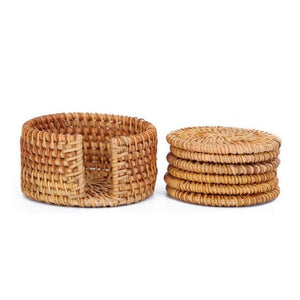 Homlly 100% Natural eco-friendly Hand Made Rattan Coaster Set (6pcs) with Coaster Box