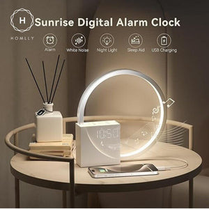 Homlly Sunrise Digital Alarm Clock with Relaxation Music, Warm Night Light & USB Charger