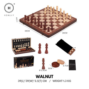 Homlly 2 in 1 Magnetic Wooden Chess & Checkers Board Game Tournament Chessboard