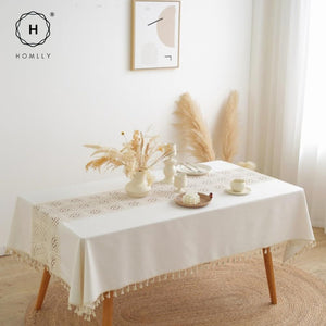 Homlly Crochet Lace Cotton Linen Dining Table Cloth with Tassels