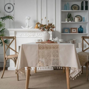 Homlly Crochet Lace Cotton Linen Dining Table Cloth with Tassels