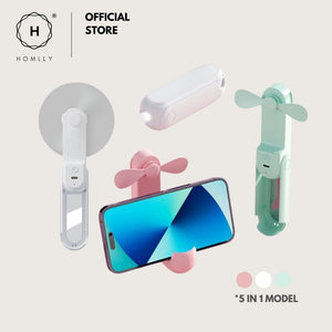 Homlly 5 in 1 Portable Handheld Pocket Fan with Power Bank, Flash Light, Mirror & Mobile Phone Holder