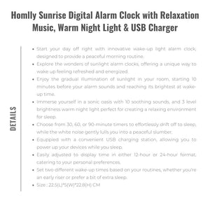 Homlly Sunrise Digital Alarm Clock with Relaxation Music, Warm Night Light & USB Charger