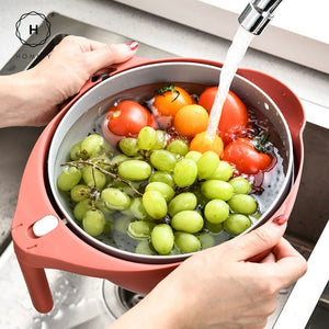 Homlly 2 in 1 Double layer Kitchen Draining Rotatable Vegetable Washing Strainer Colander Basket Bowl