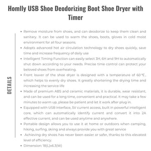 Homlly Deodorizing Boot Shoe Dryer with Timer via USB charging